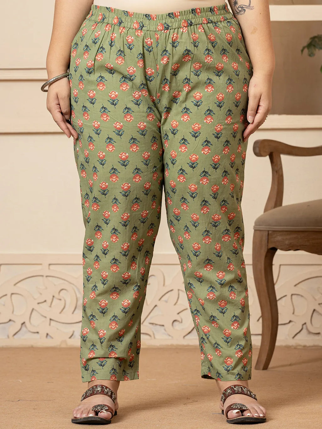 Yufta Cotton Olive Floral Print Plus Size Kurta Dupatta Pant Set