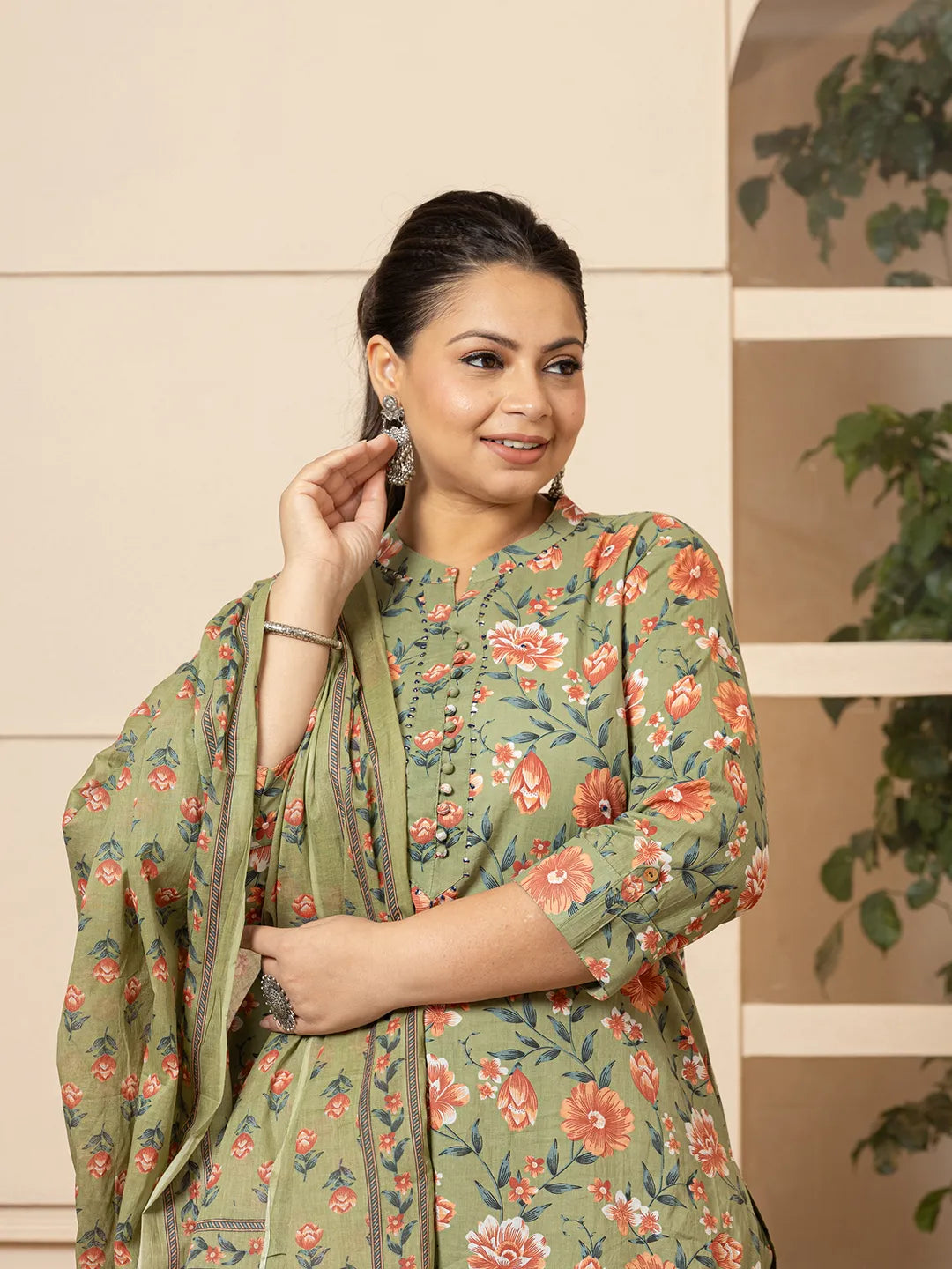 Yufta Cotton Olive Floral Print Plus Size Kurta Dupatta Pant Set