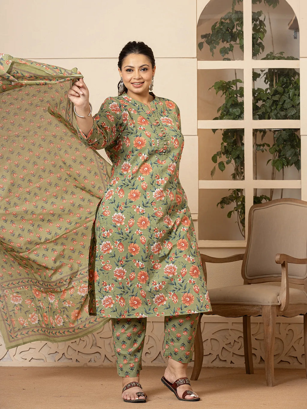Yufta Cotton Olive Floral Print Plus Size Kurta Dupatta Pant Set