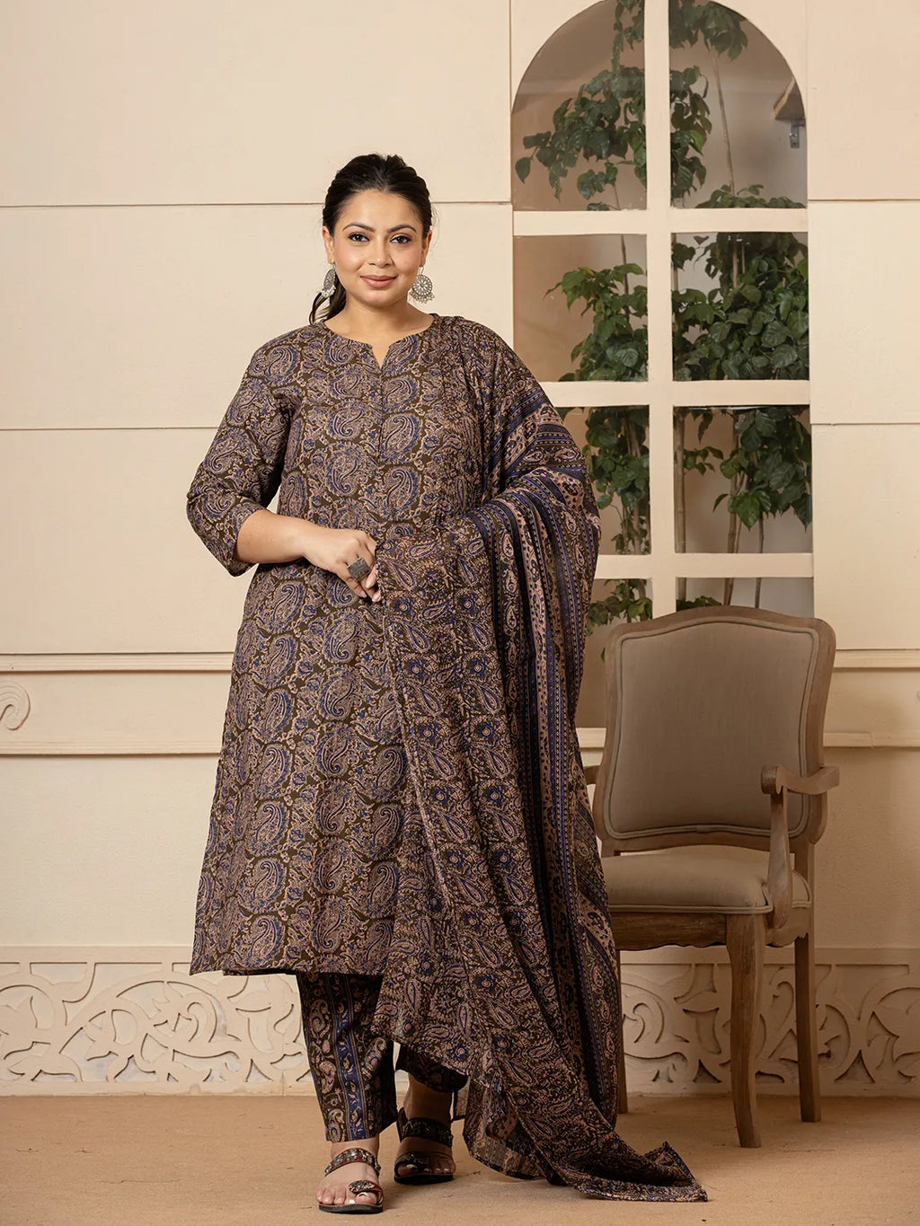 Yufta Cotton Olive Paisley Print Plus Size Kurta Dupatta Set