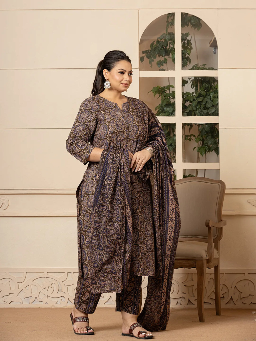 Yufta Cotton Olive Paisley Print Plus Size Kurta Dupatta Set