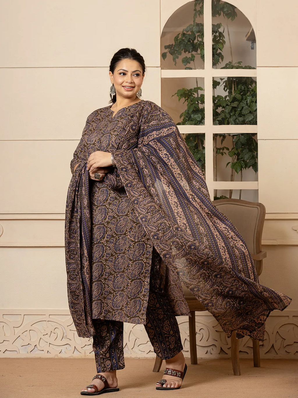 Yufta Cotton Olive Paisley Print Plus Size Kurta Dupatta Set