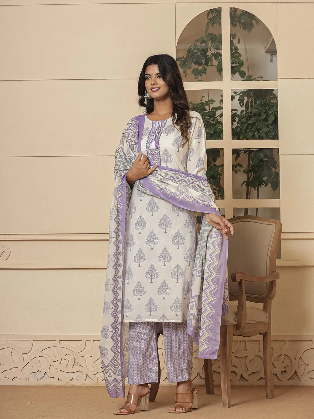 Yufta Cotton Purple And White Kurta Dupatta Set