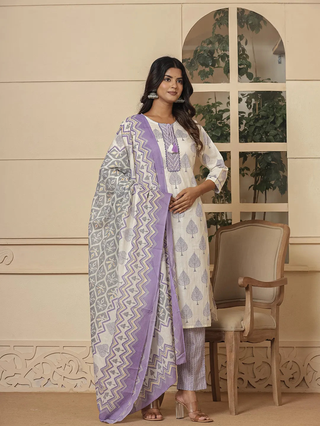 Yufta Cotton Purple And White Kurta Dupatta Set