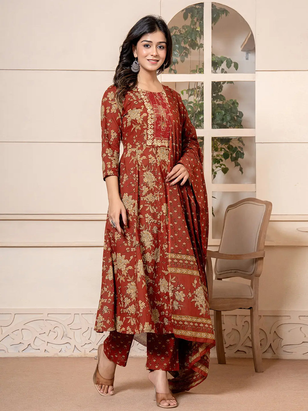 Yufta Cotton Red Anarkali Dupatta Set