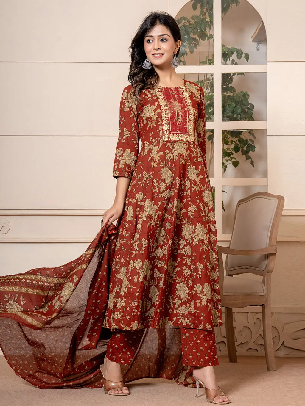 Yufta Cotton Red Anarkali Dupatta Set