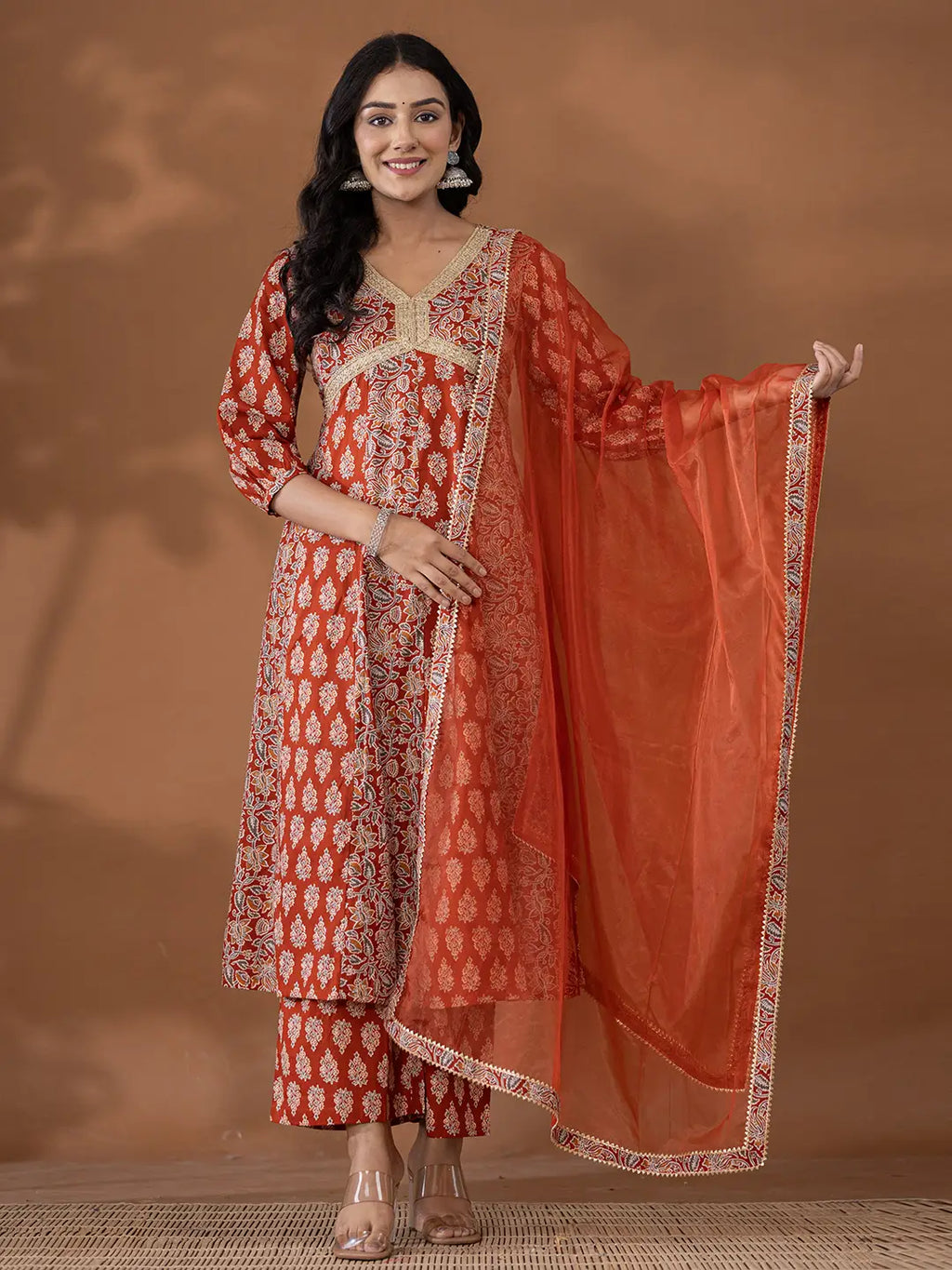 Yufta Cotton Rust Anarkali Ethnic Motifs Kurta Dupatta Set