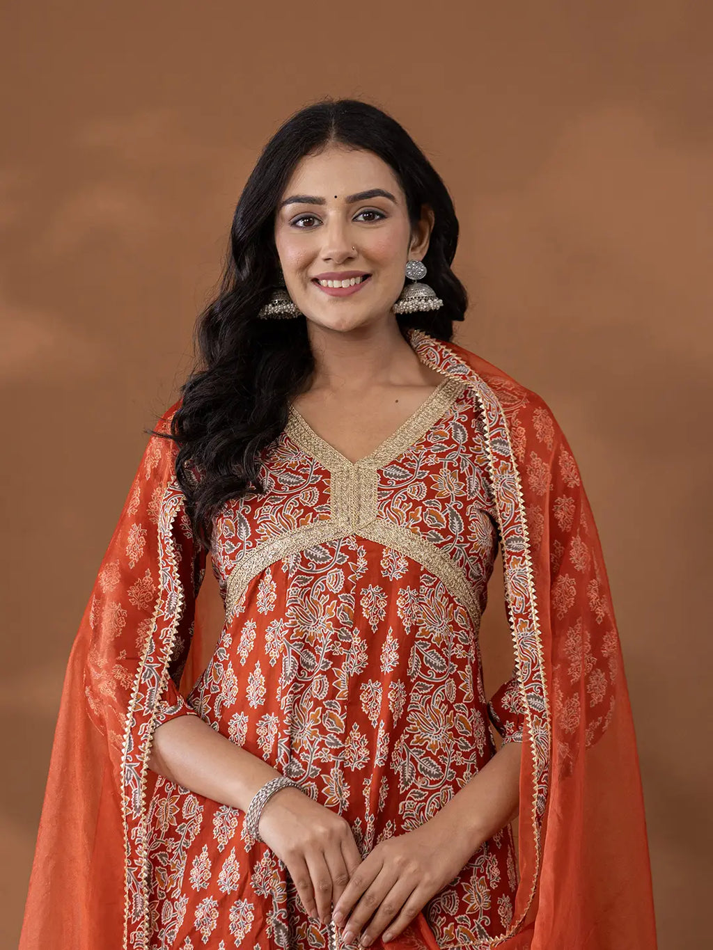 Yufta Cotton Rust Anarkali Ethnic Motifs Kurta Dupatta Set