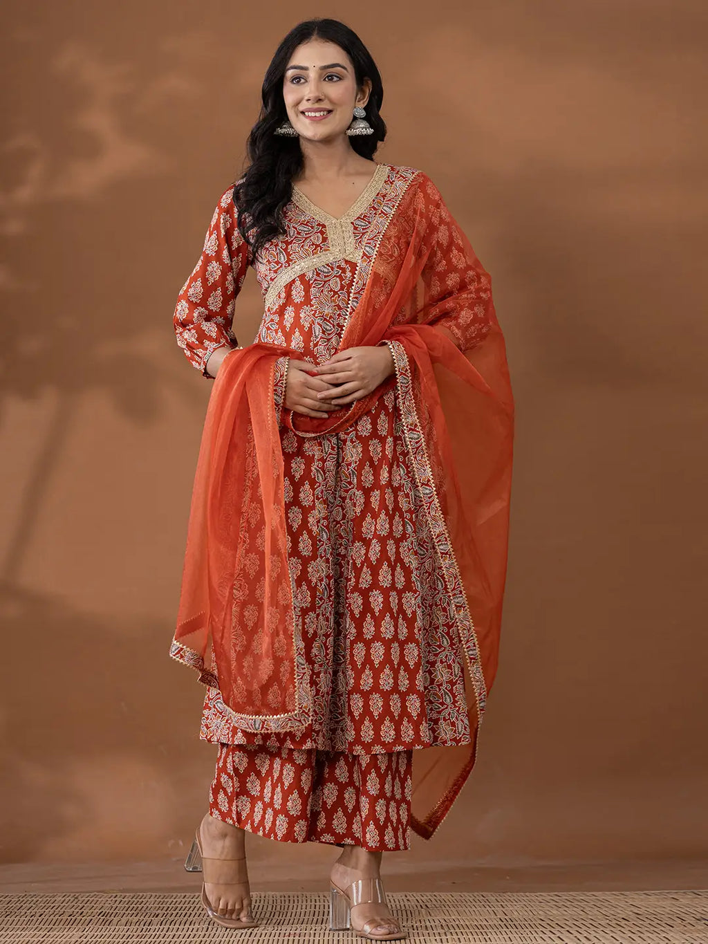 Yufta Cotton Rust Anarkali Ethnic Motifs Kurta Dupatta Set