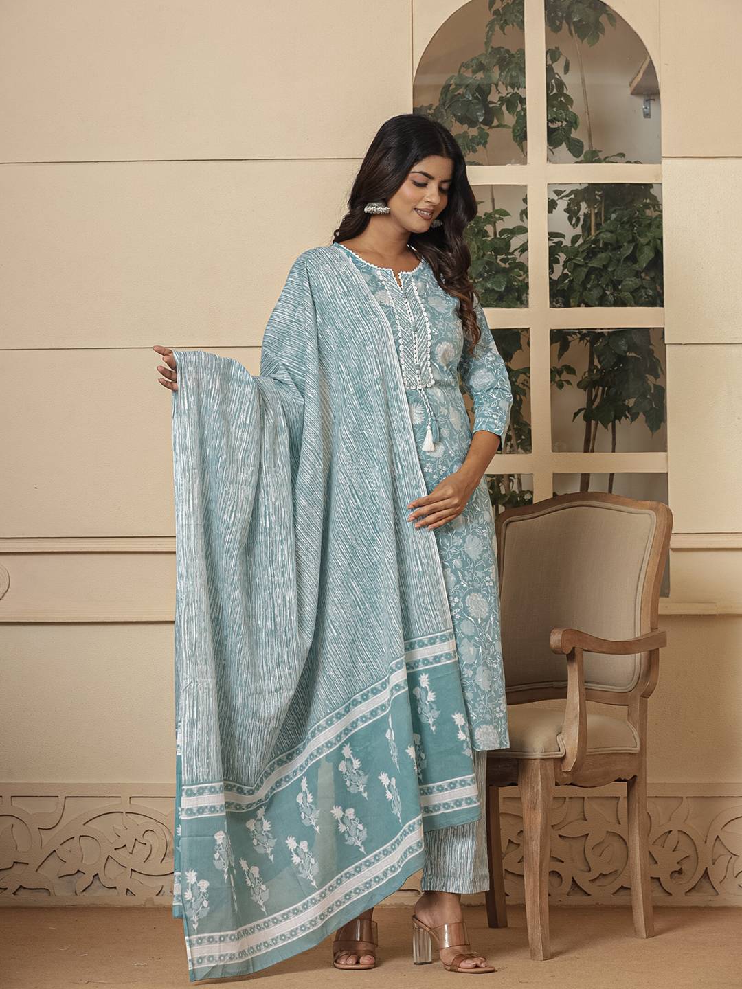 Yufta Cotton Sea Green Sequins_Work Straight Kurta Dupatta Set