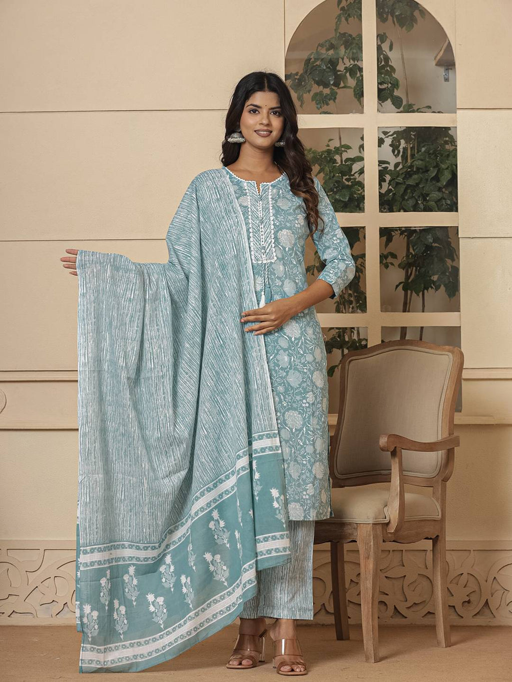 Yufta Cotton Sea Green Sequins_Work Straight Kurta Dupatta Set