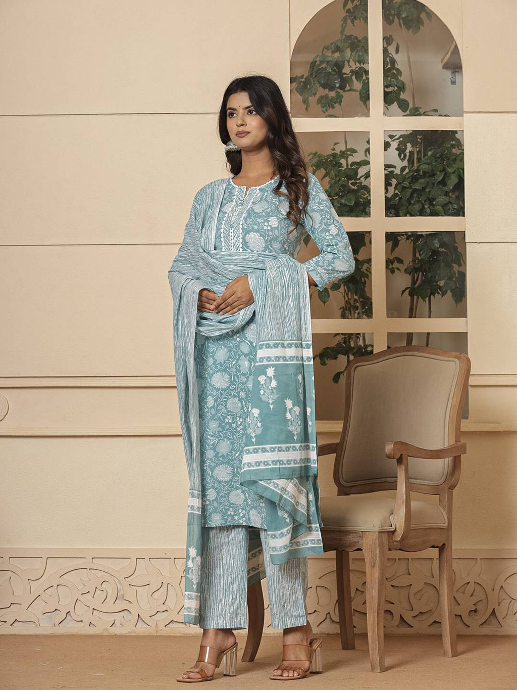Yufta Cotton Sea Green Sequins_Work Straight Kurta Dupatta Set