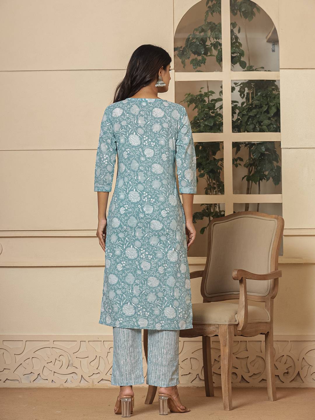 Yufta Cotton Sea Green Sequins_Work Straight Kurta Dupatta Set