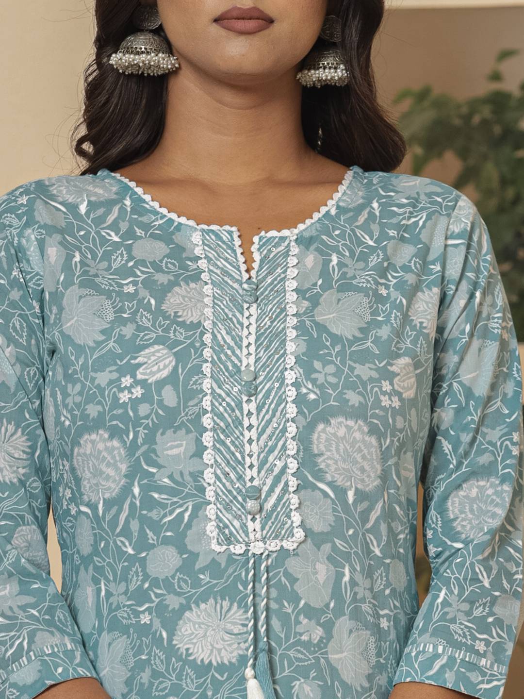 Yufta Cotton Sea Green Sequins_Work Straight Kurta Dupatta Set