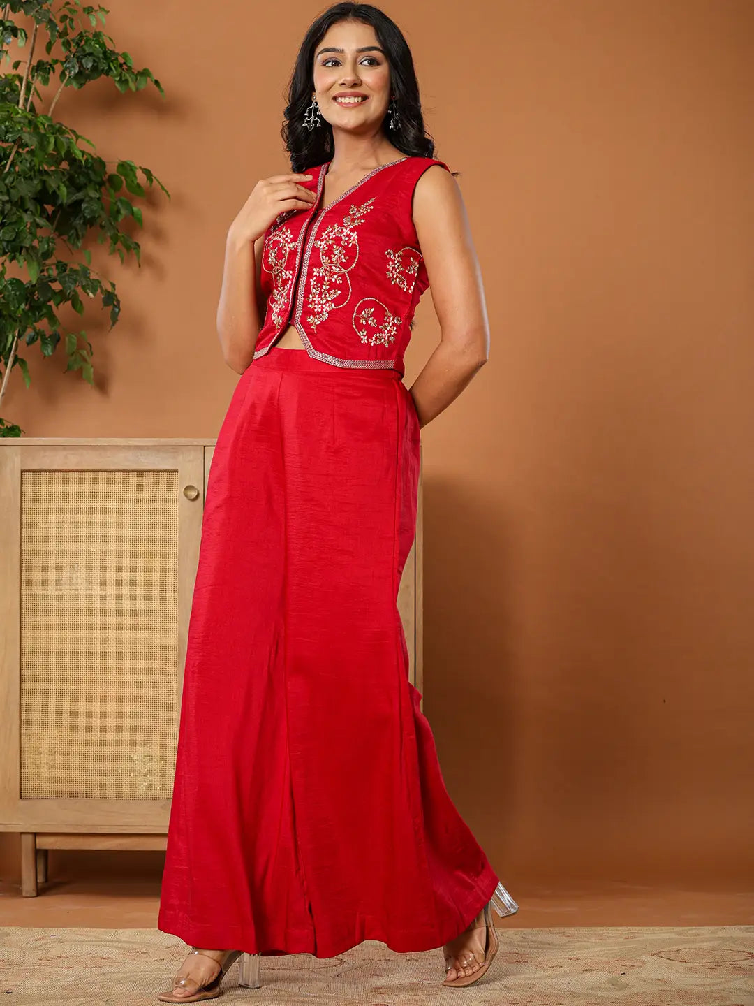 Yufta Cotton Silk Waist Coat Co-Ord Set With Attached Cotton Lining
