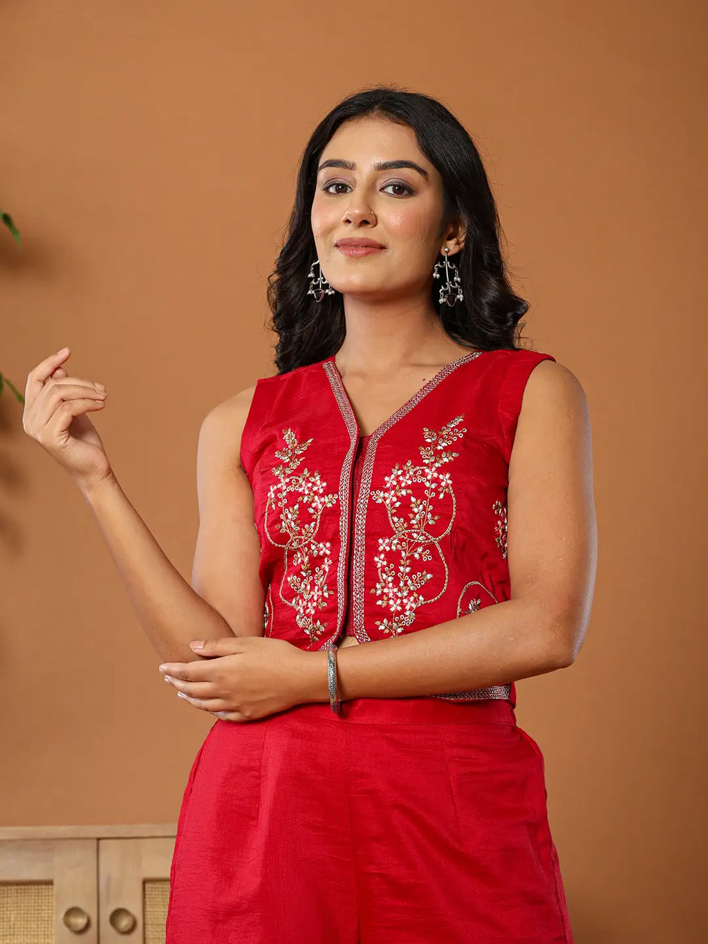 Yufta Cotton Silk Waist Coat Co-Ord Set With Attached Cotton Lining