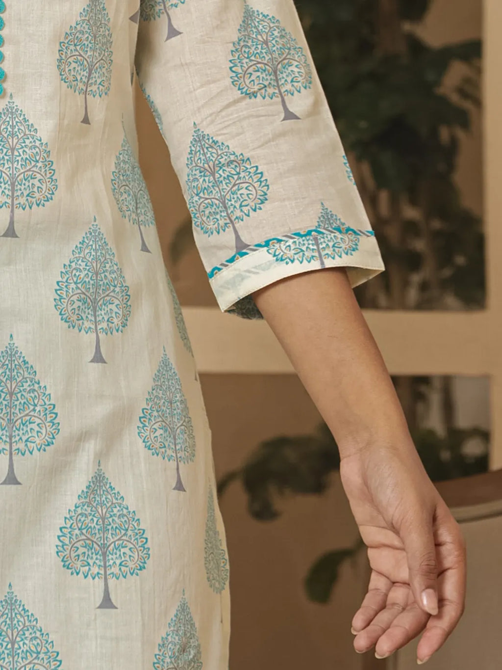 Yufta Cotton Turquoise Blue And White Kurta Dupatta Set