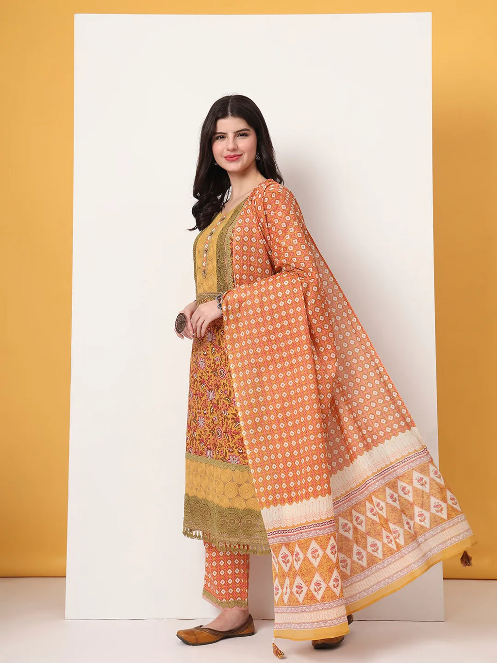 Yufta Cotton Yellow Kurta Dupatta Set With Lace Detailing