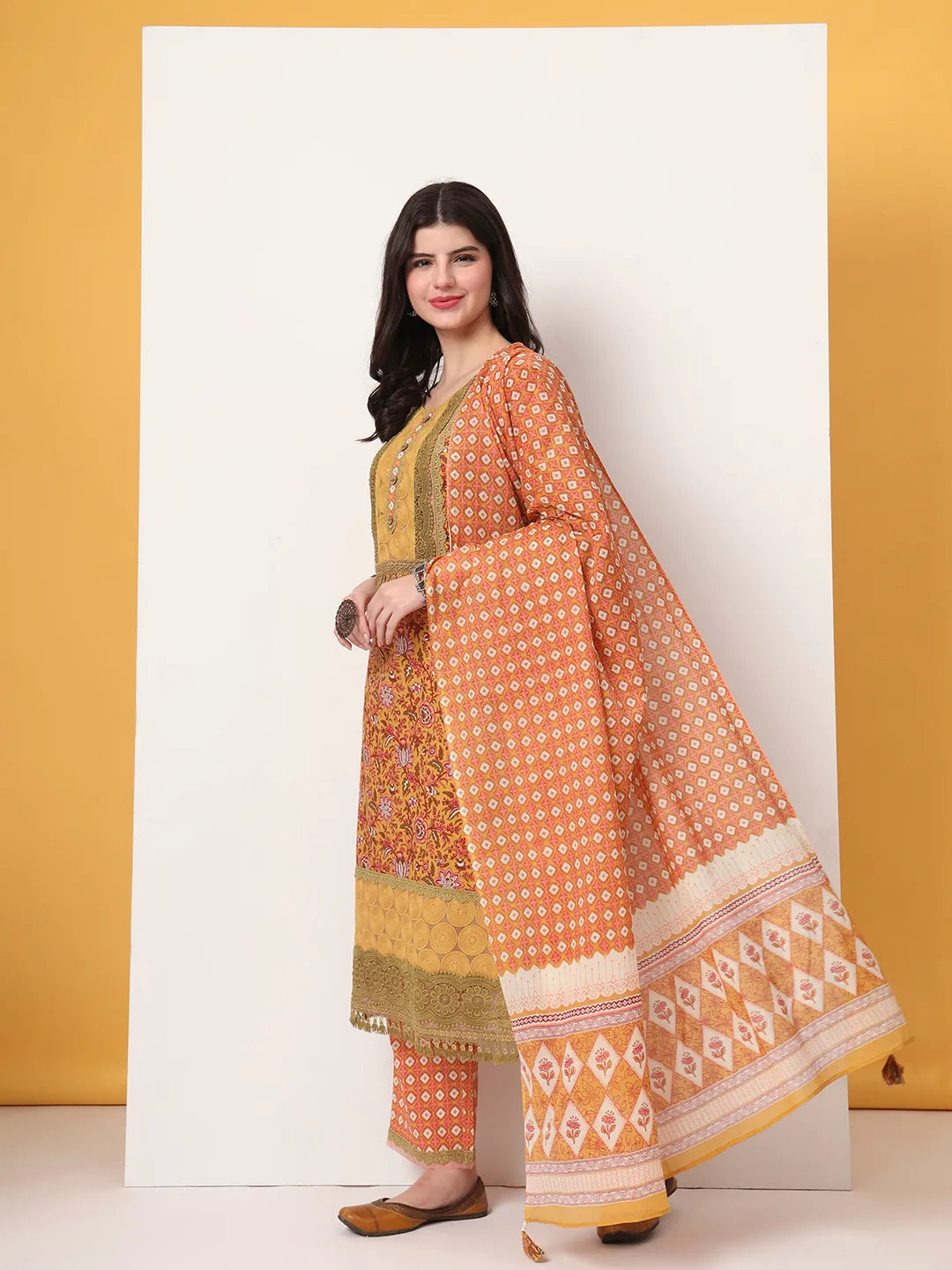 Yufta Cotton Yellow Kurta Dupatta Set With Lace Detailing