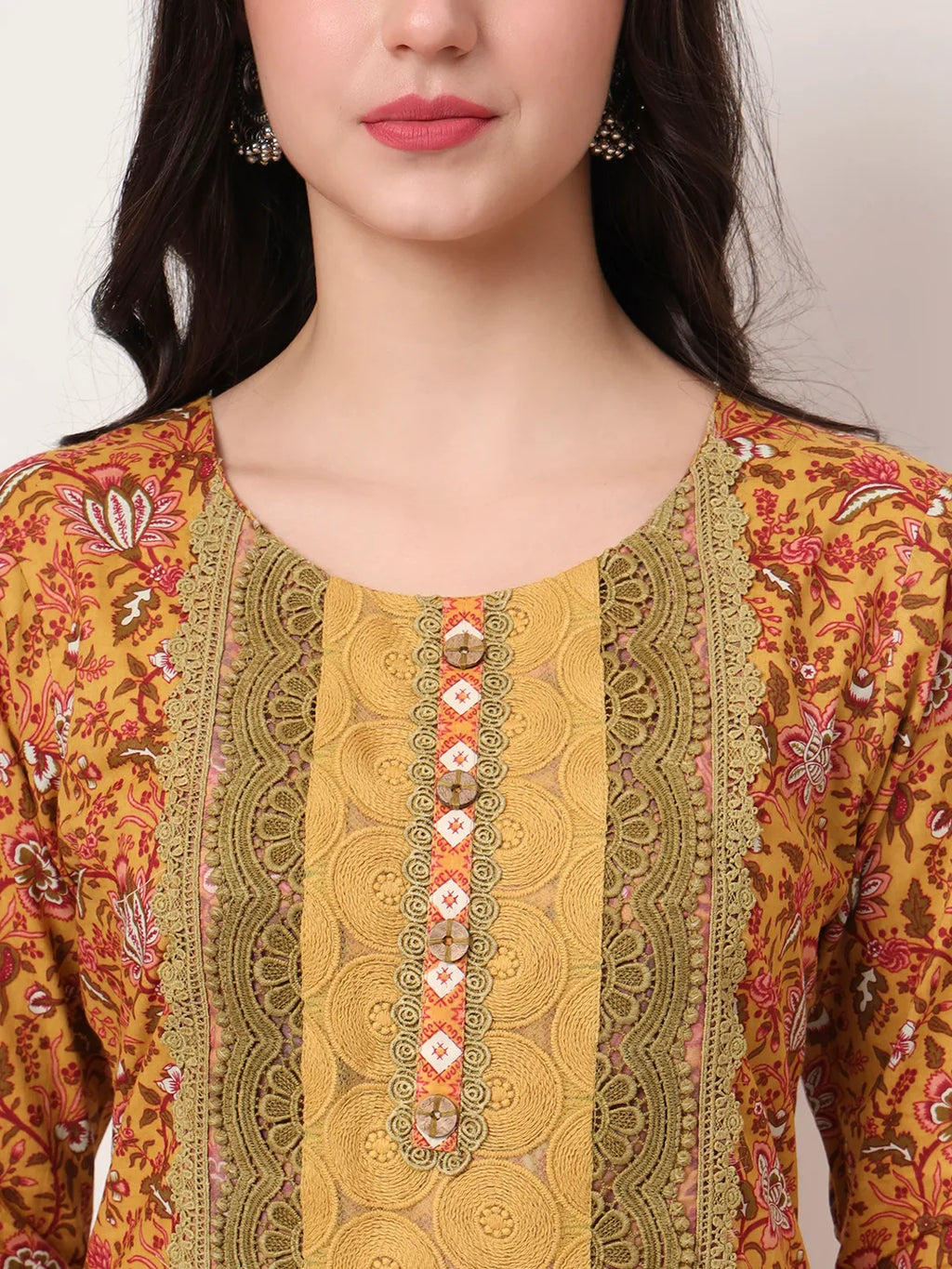 Yufta Cotton Yellow Kurta Dupatta Set With Lace Detailing
