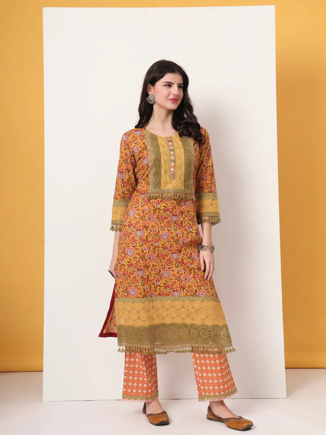 Yufta Cotton Yellow Kurta Dupatta Set With Lace Detailing