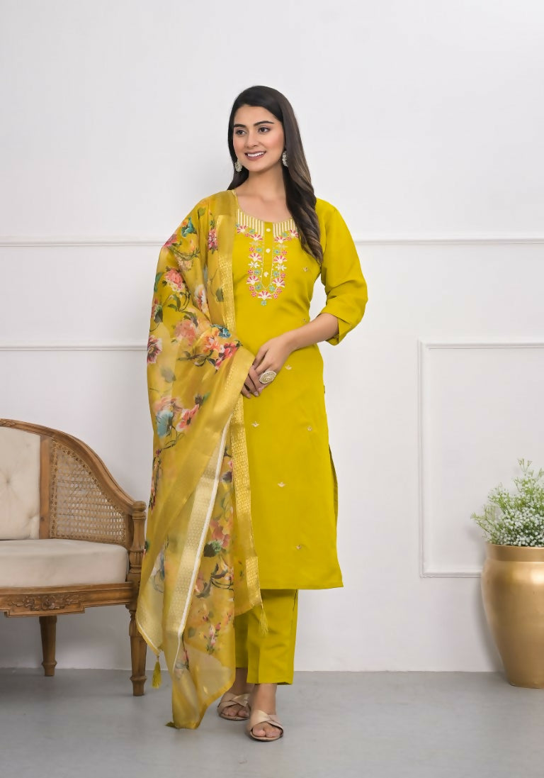 Yellow Viscose Silk Embroidery with Thread and sequence Stitched Suit With Dupatta - Tanisha