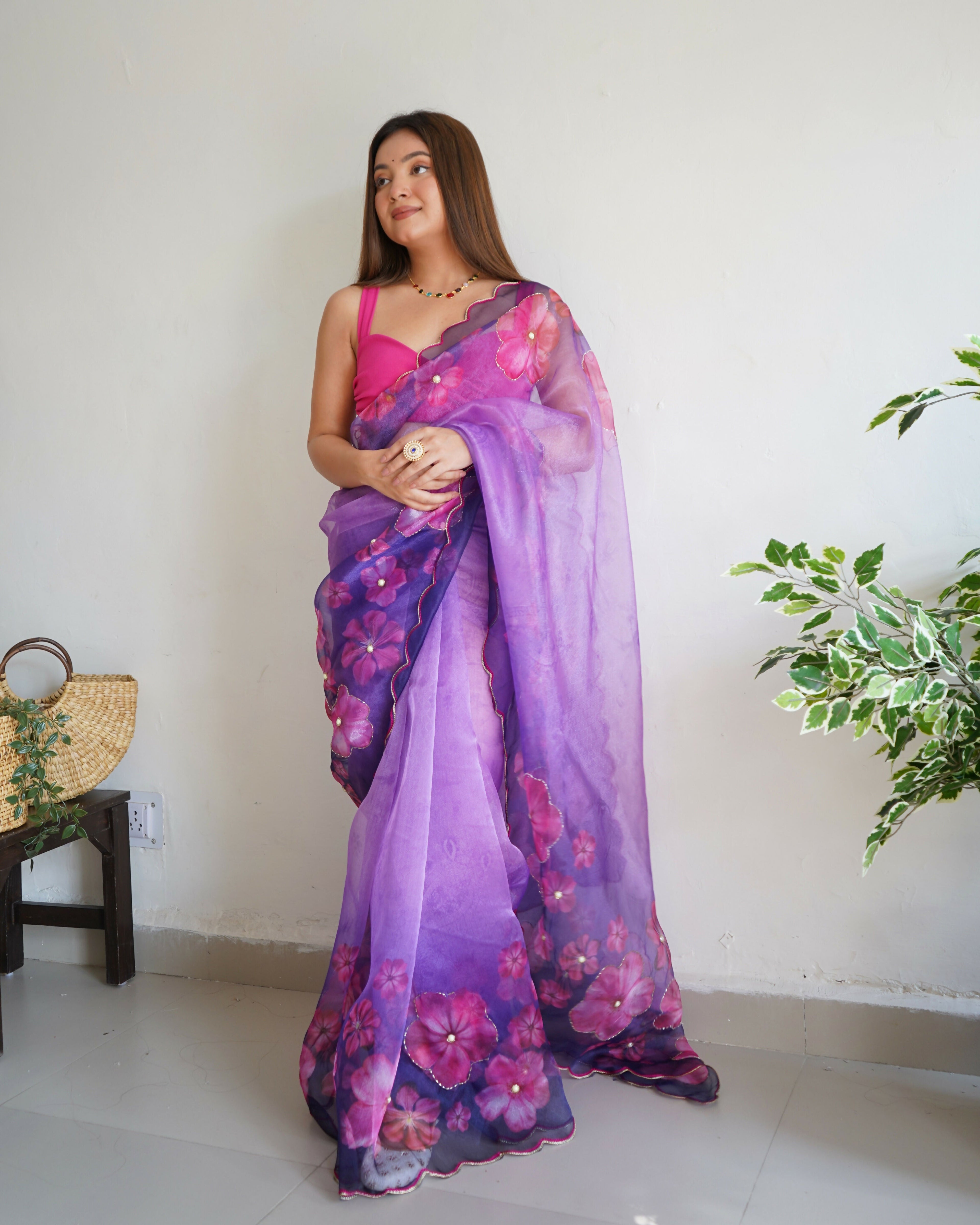 Vamsee Ramya Purple Organza Saree