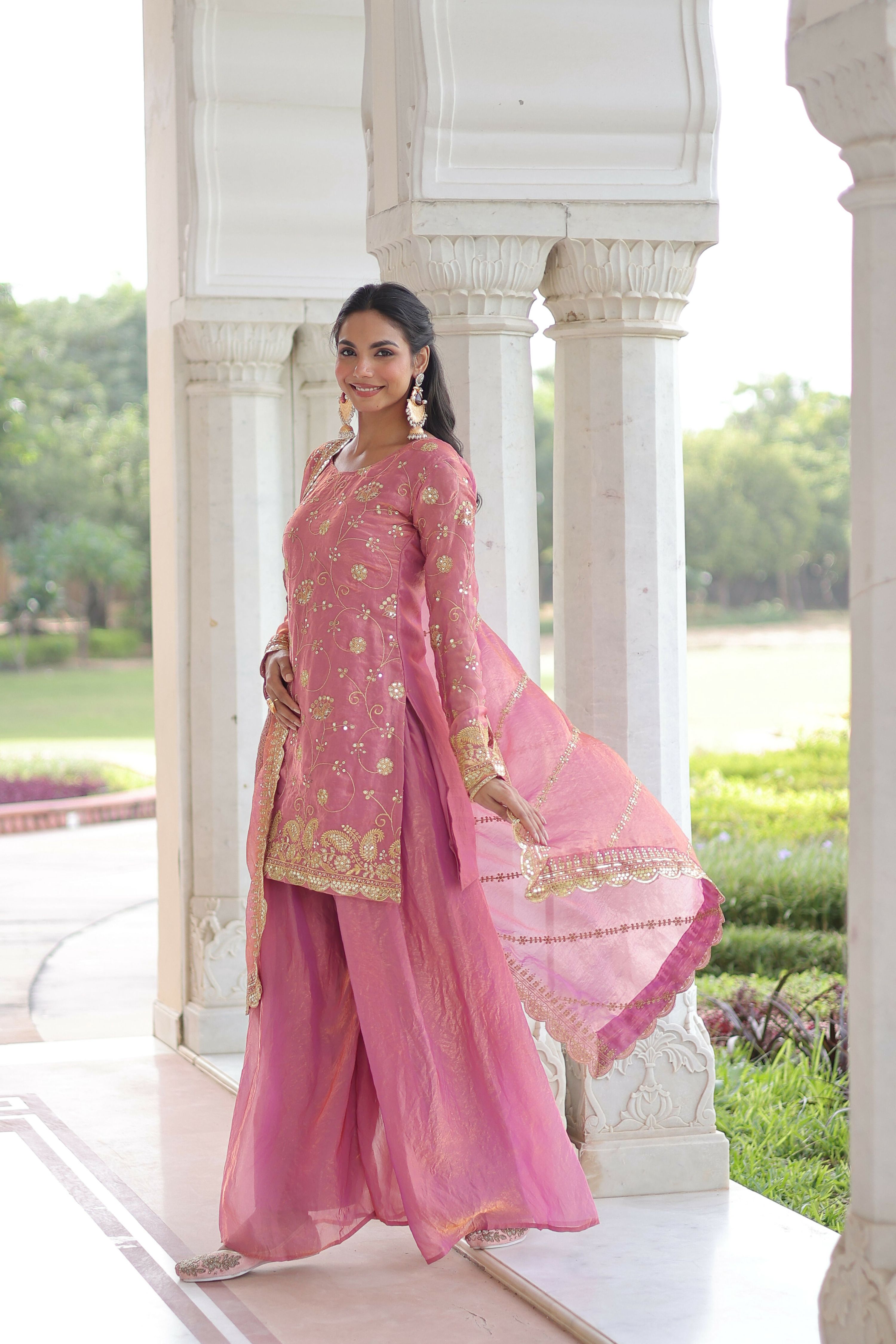 Joban Fashion Pink Readymade Kurta Set With Sequence embroidery Work
