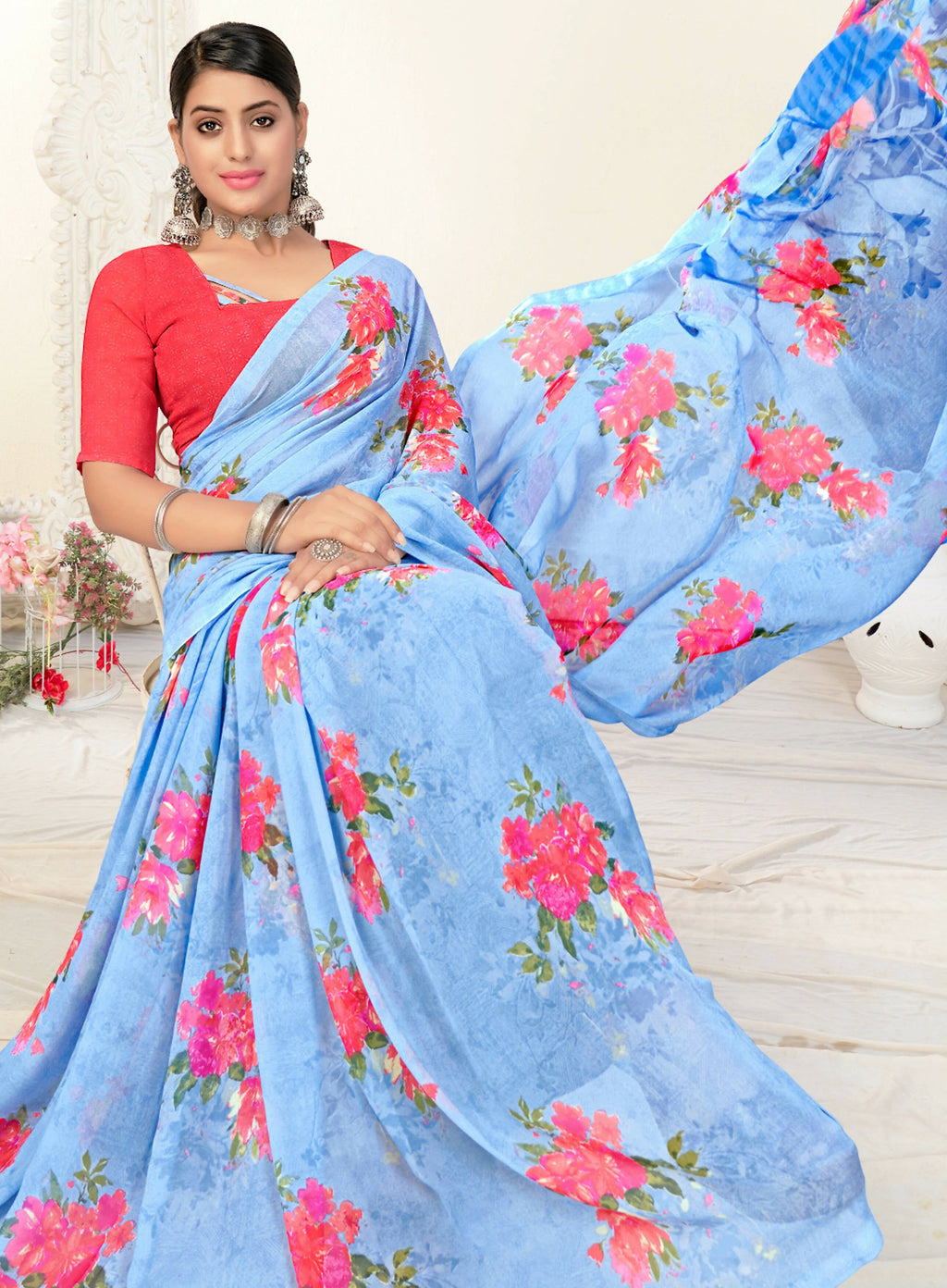 Sky Blue Georgette Floral Printed Saree With Unstitched Blouse Piece - Jyoti