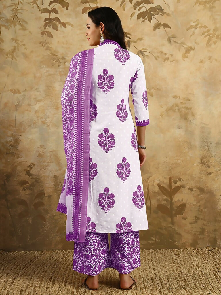 Purple Cotton Blend Printed Anarkali Suit with Dupatta - Rashmika