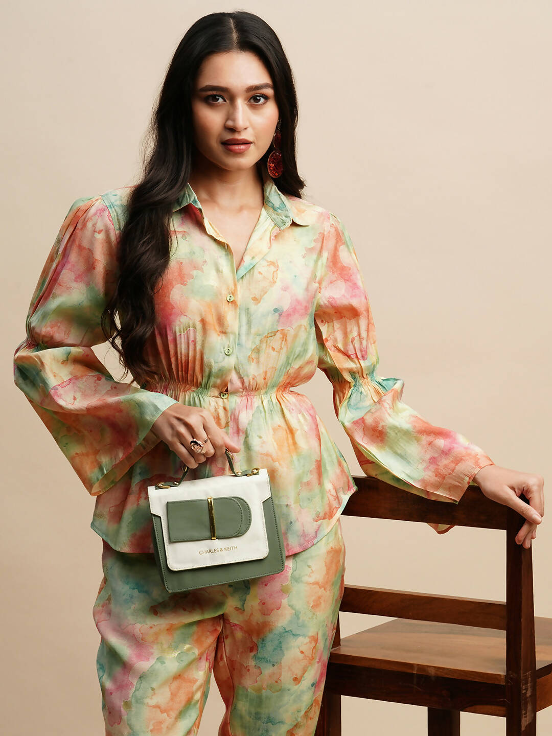 Light Green & Orange Poly Rayon Tie and dye Printed Top with Matching Trouser - Shivani