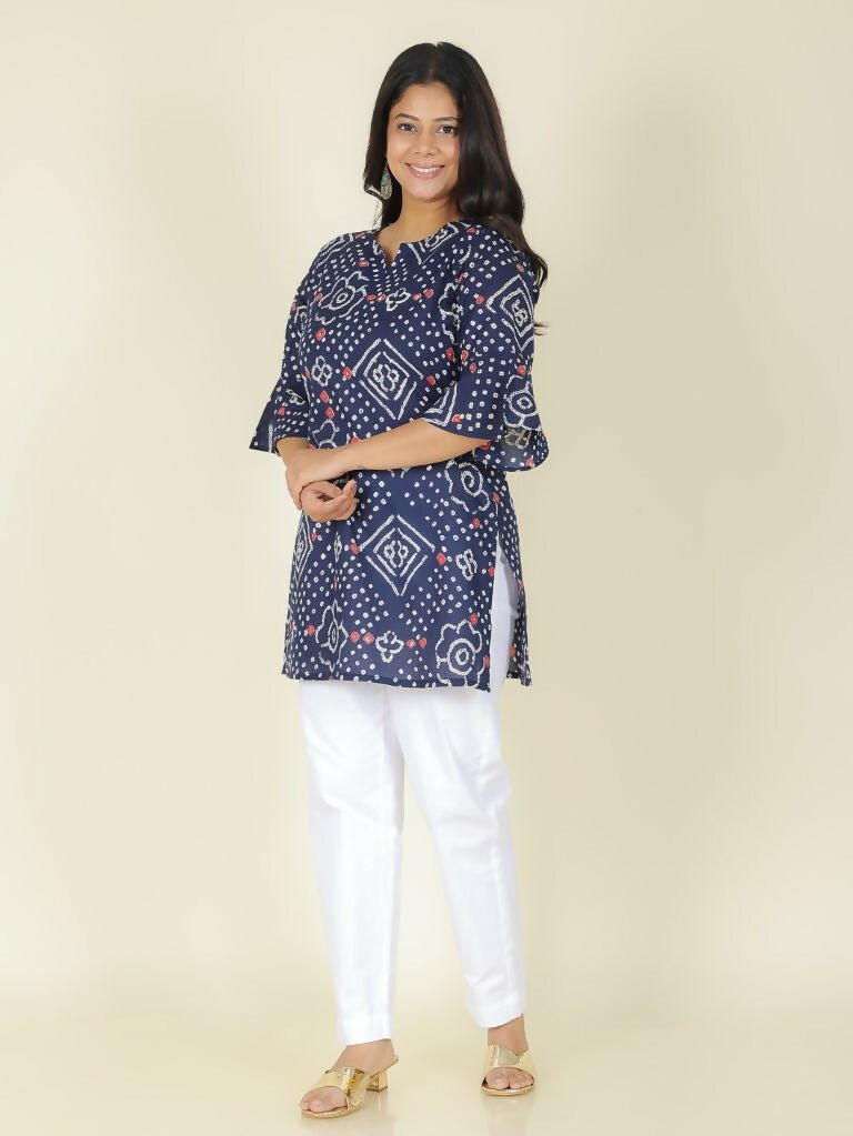 Aramya Straight Soft Cotton Bandhani Print Women's Kurta - Blue