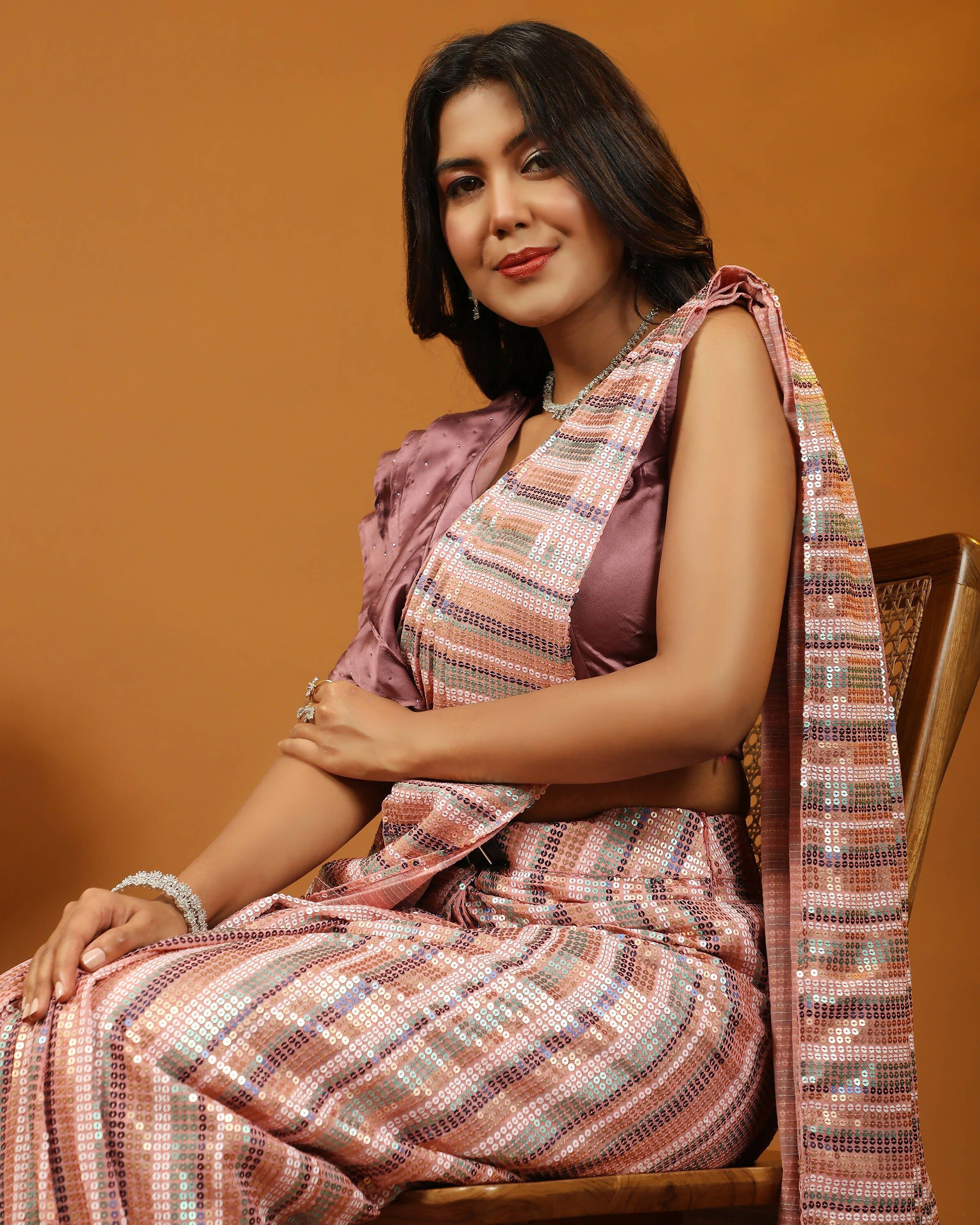 Pink Pure Georgette Sequence work Ready to wear Saree with stitched Blouse - Satiksha