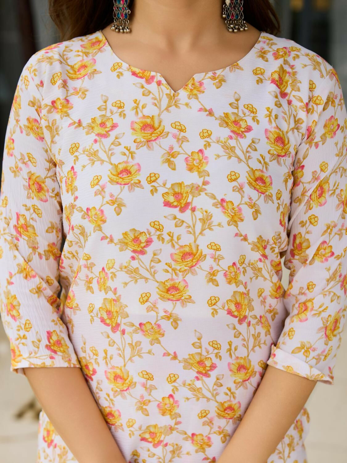 The52 Yellow Women's Beautiful Printed Silk Blend Fabric with Straight Kurta, Pant and Dupatta Set