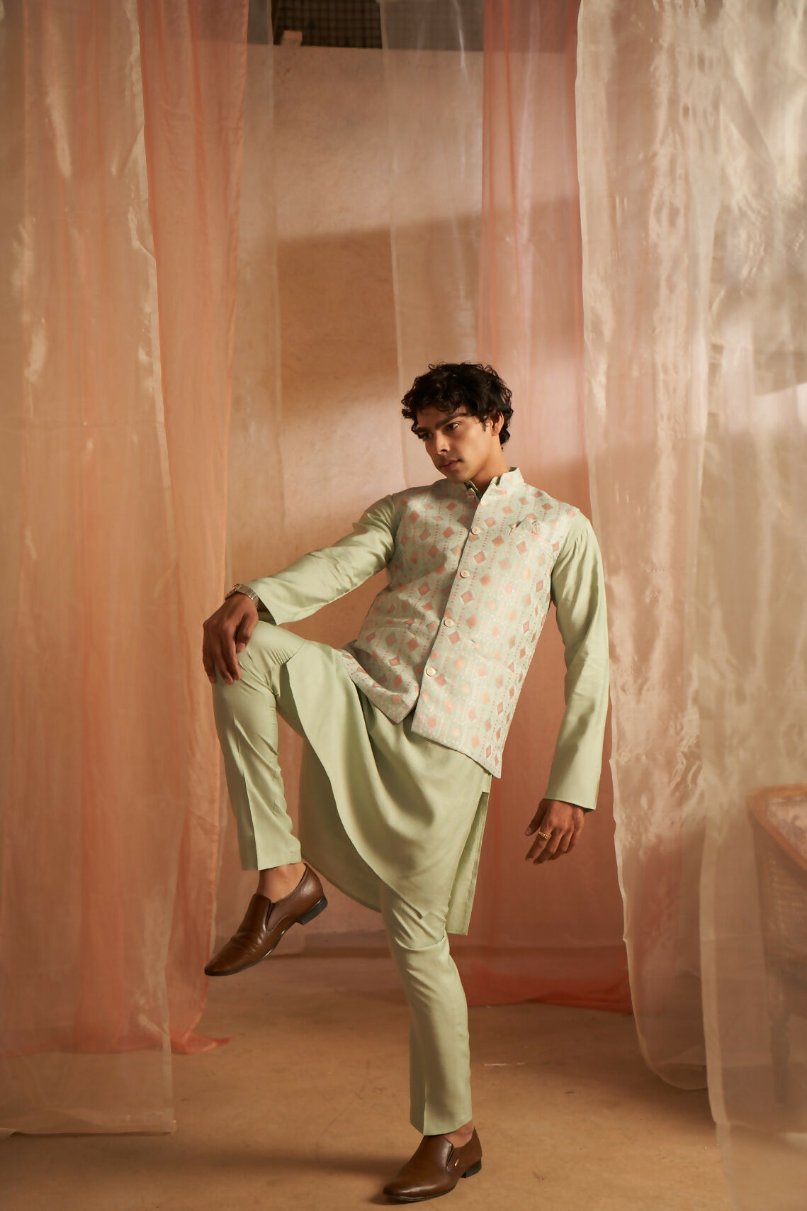 Pista Viscose Designer Printed Men's Kurta Set with Koti - Mahotsav