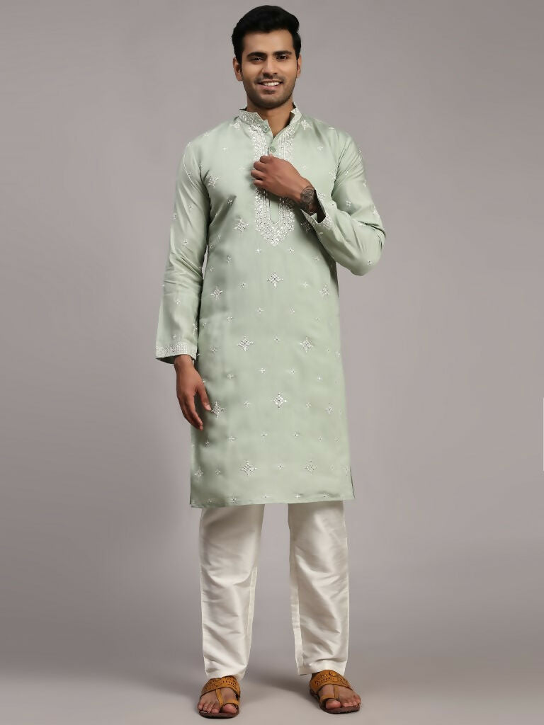 Light Green Silk Designer Embroidery Work Men's Rajwadi Kurta Set - Mahotsav
