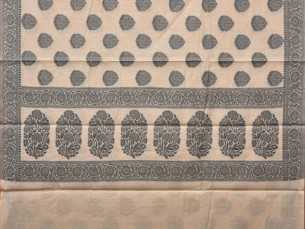 Cream and Black Cut Work Sico Cotton Saree with Body Buta and Border Design - Global Threads