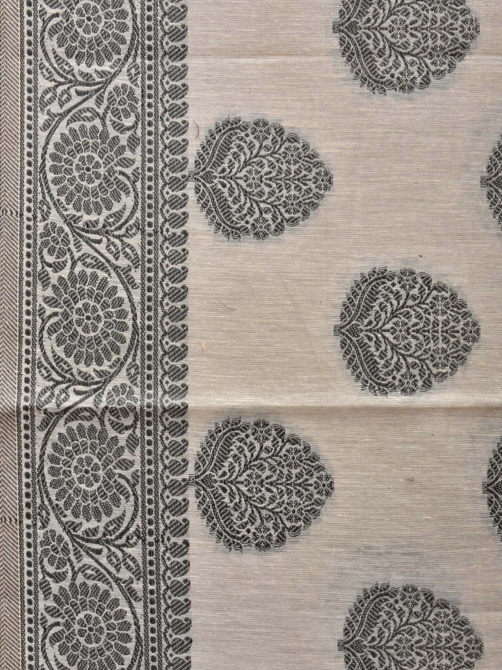 Cream and Black Cut Work Sico Cotton Saree with Body Buta and Border Design - Global Threads