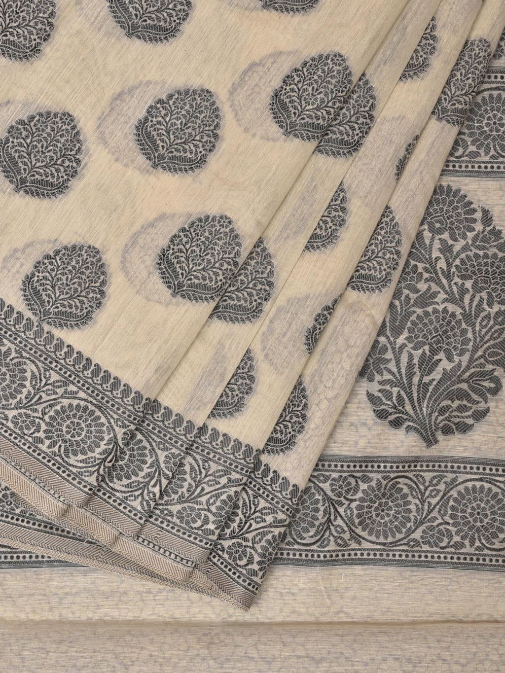 Cream and Black Cut Work Sico Cotton Saree with Body Buta and Border Design - Global Threads