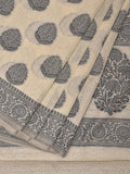 Cream and Black Cut Work Sico Cotton Saree with Body Buta and Border Design - Global Threads