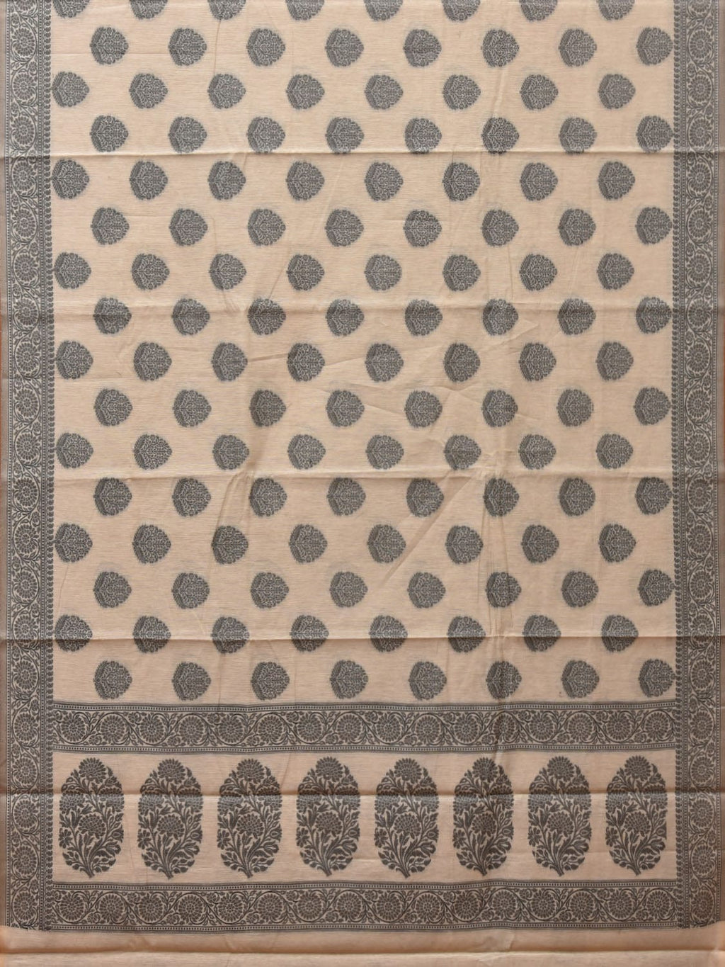 Cream and Black Cut Work Sico Cotton Saree with Body Buta and Border Design - Global Threads