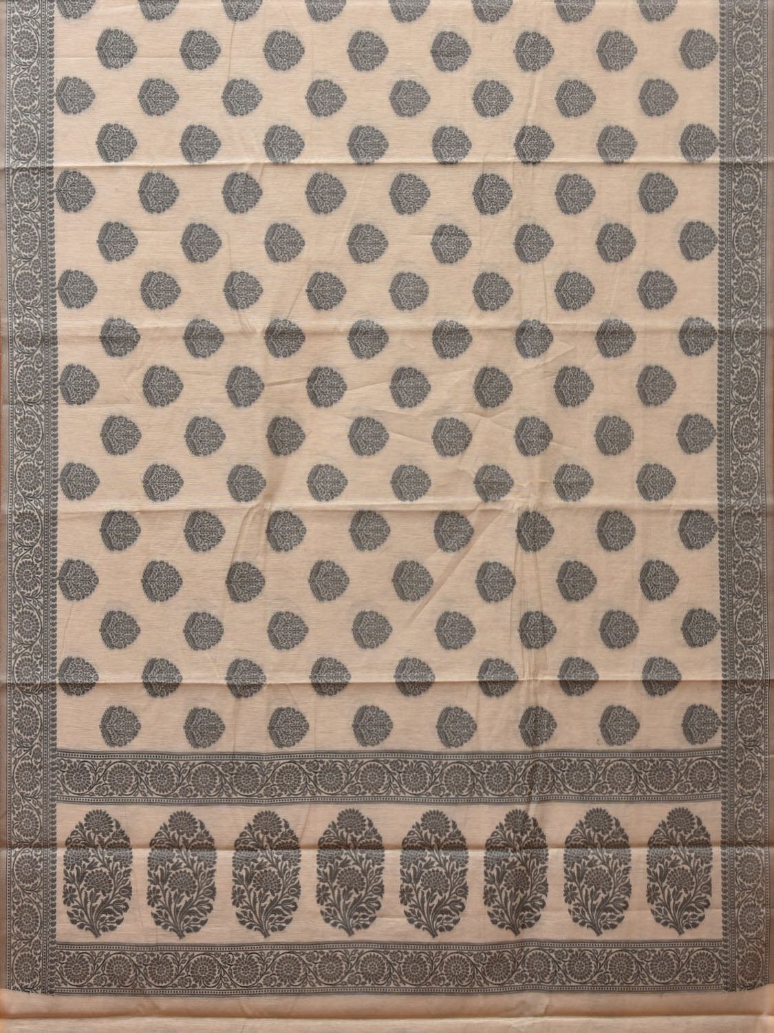 Cream and Black Cut Work Sico Cotton Saree with Body Buta and Border Design - Global Threads