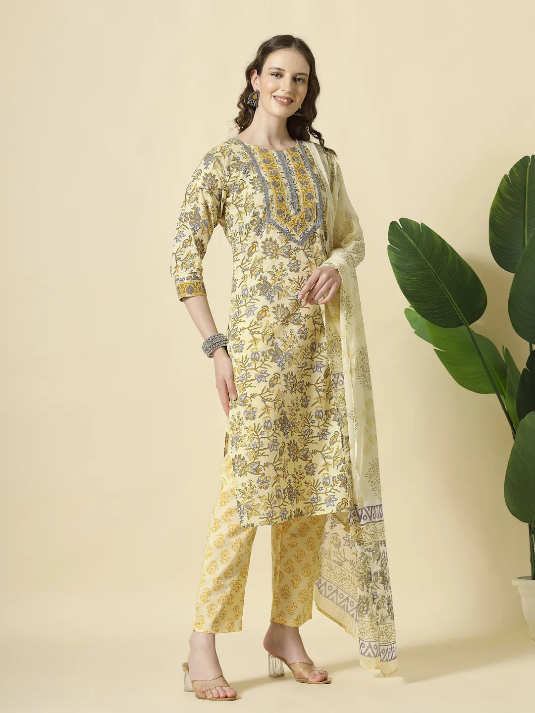 Yufta Cream And Brown Cotton Sequins Work Kurta Set With Pant & Dupatta
