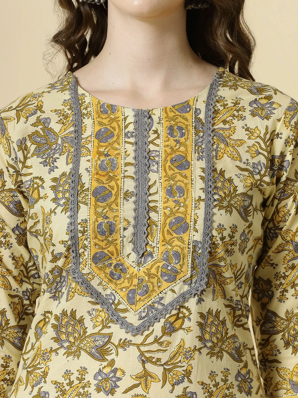 Yufta Cream And Brown Cotton Sequins Work Kurta Set With Pant & Dupatta