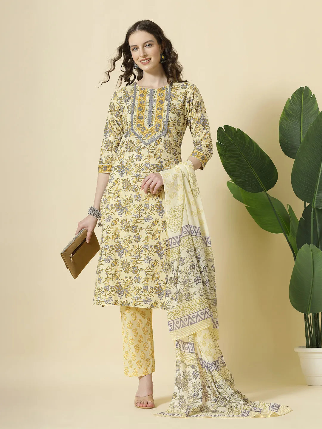 Yufta Cream And Brown Cotton Sequins Work Kurta Set With Pant & Dupatta