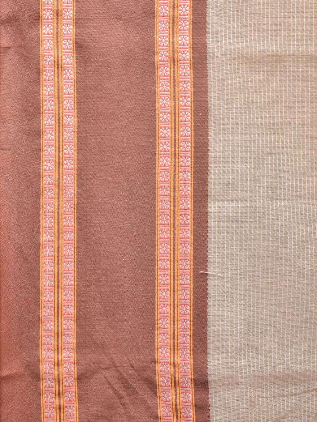 Cream and Fawn Bamboo Cotton Saree with Strips Design No Blouse - Global Threads