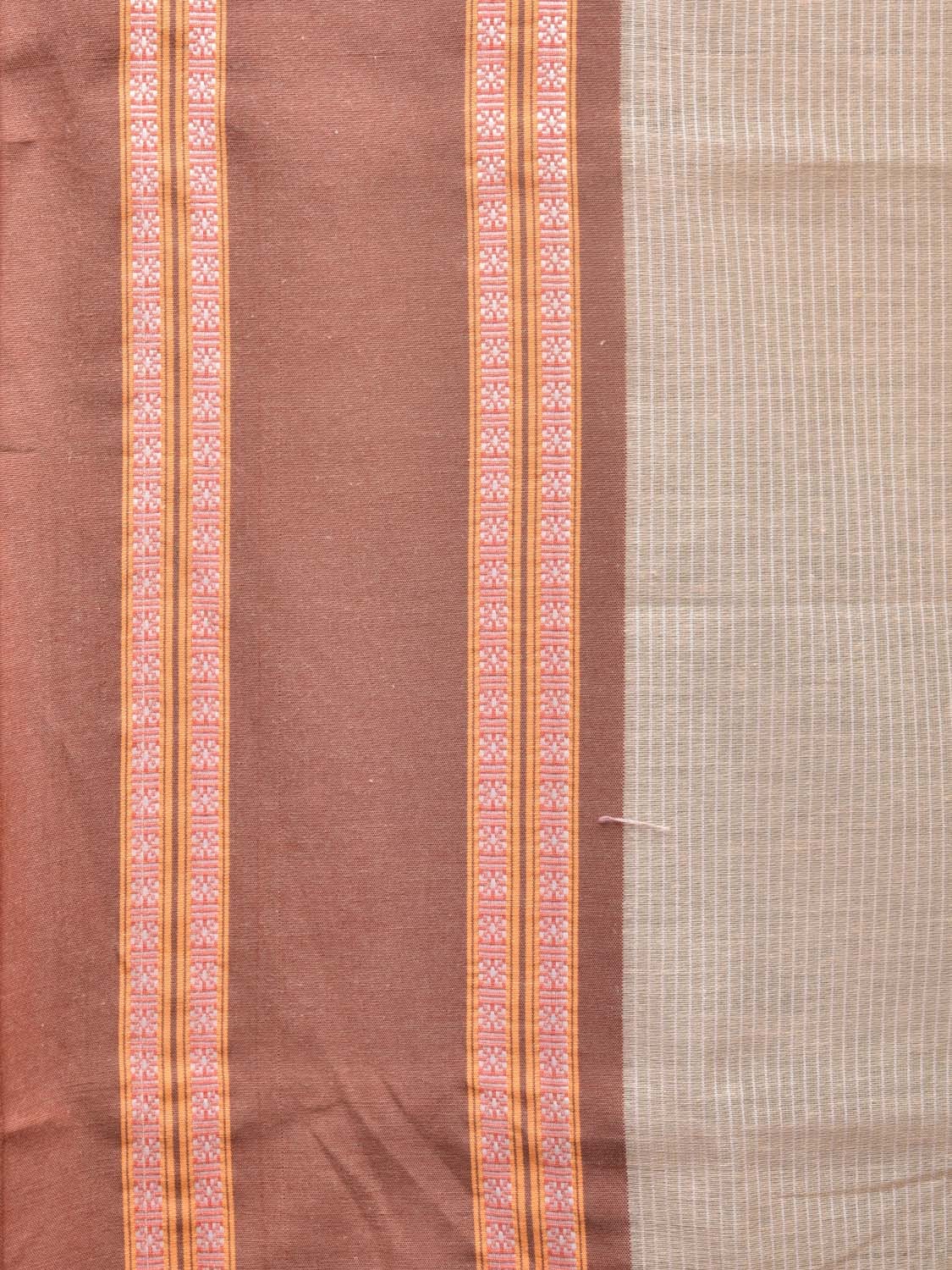 Cream and Fawn Bamboo Cotton Saree with Strips Design No Blouse - Global Threads