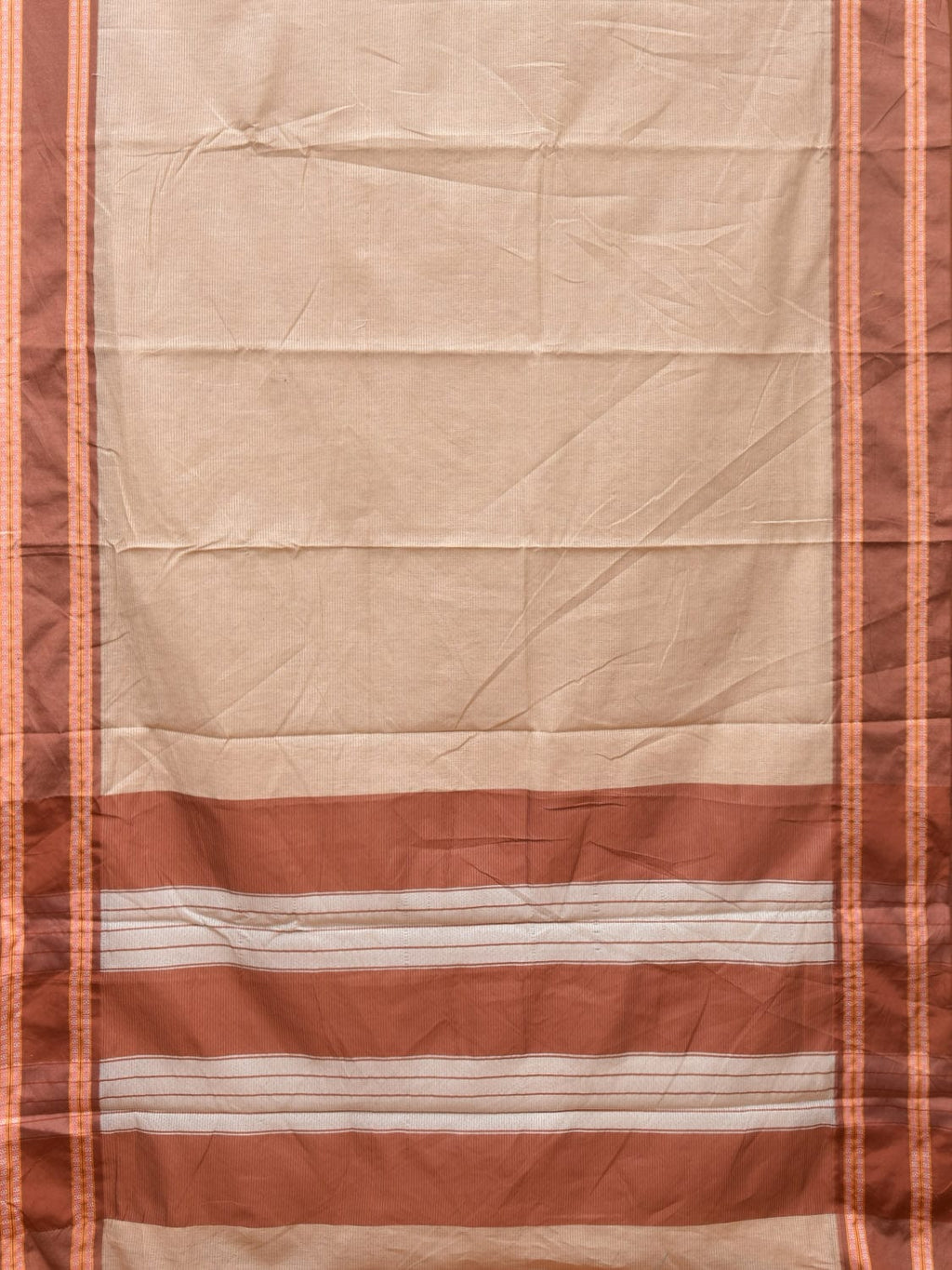 Cream and Fawn Bamboo Cotton Saree with Strips Design No Blouse - Global Threads