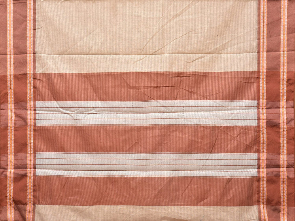 Cream and Fawn Bamboo Cotton Saree with Strips Design No Blouse - Global Threads