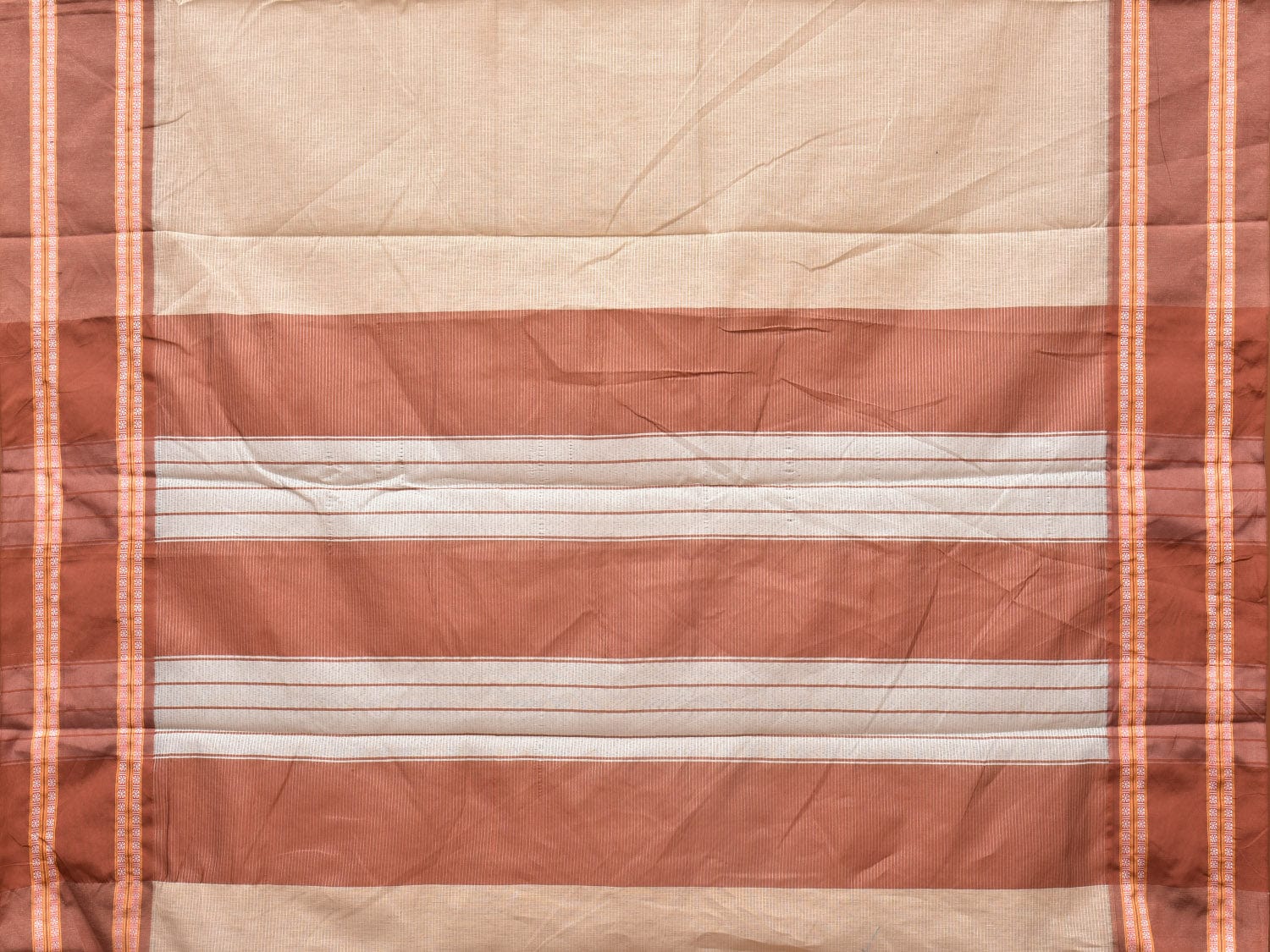 Cream and Fawn Bamboo Cotton Saree with Strips Design No Blouse - Global Threads